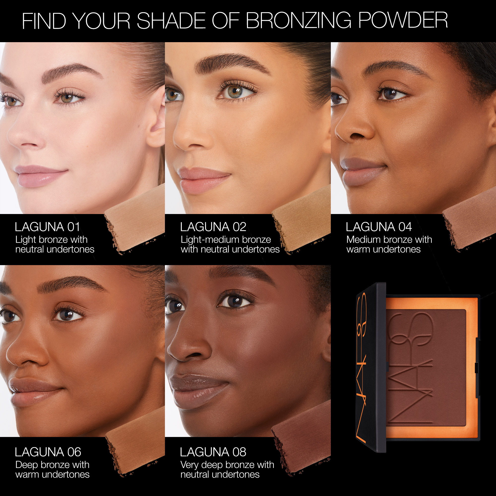 NARS_SP23_LagunaCollection_PDPCrop_OnModel_MiniLagunaBronzer_ShadeGrid